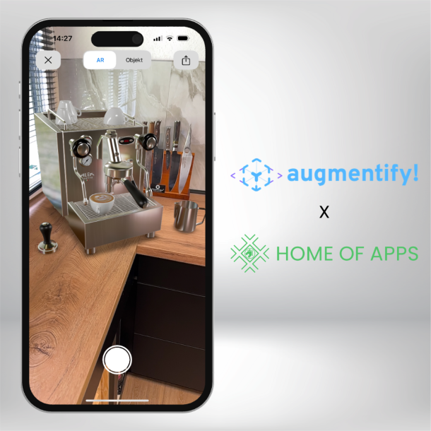 Das Bild zeigt ein Smartphone mit einer augmented reality Darstellung einer Kaffeemaschine in einer Küche, rechts daneben steht augmentify x Home of Apps mit den entsprechenden Logos der Marken