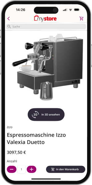Ein Smartphone auf der eine Produkseite einer Shopping App zu sehen ist, unter dem Produktbild sieht man einen Button mit der Beschriftung: In 3D ansehen
