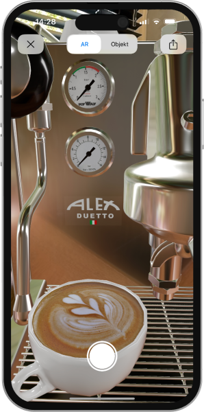 Ein Smartphone das eine augmented reality Darstellung einer Kaffeemaschine in Nahaufnahme zeigt.